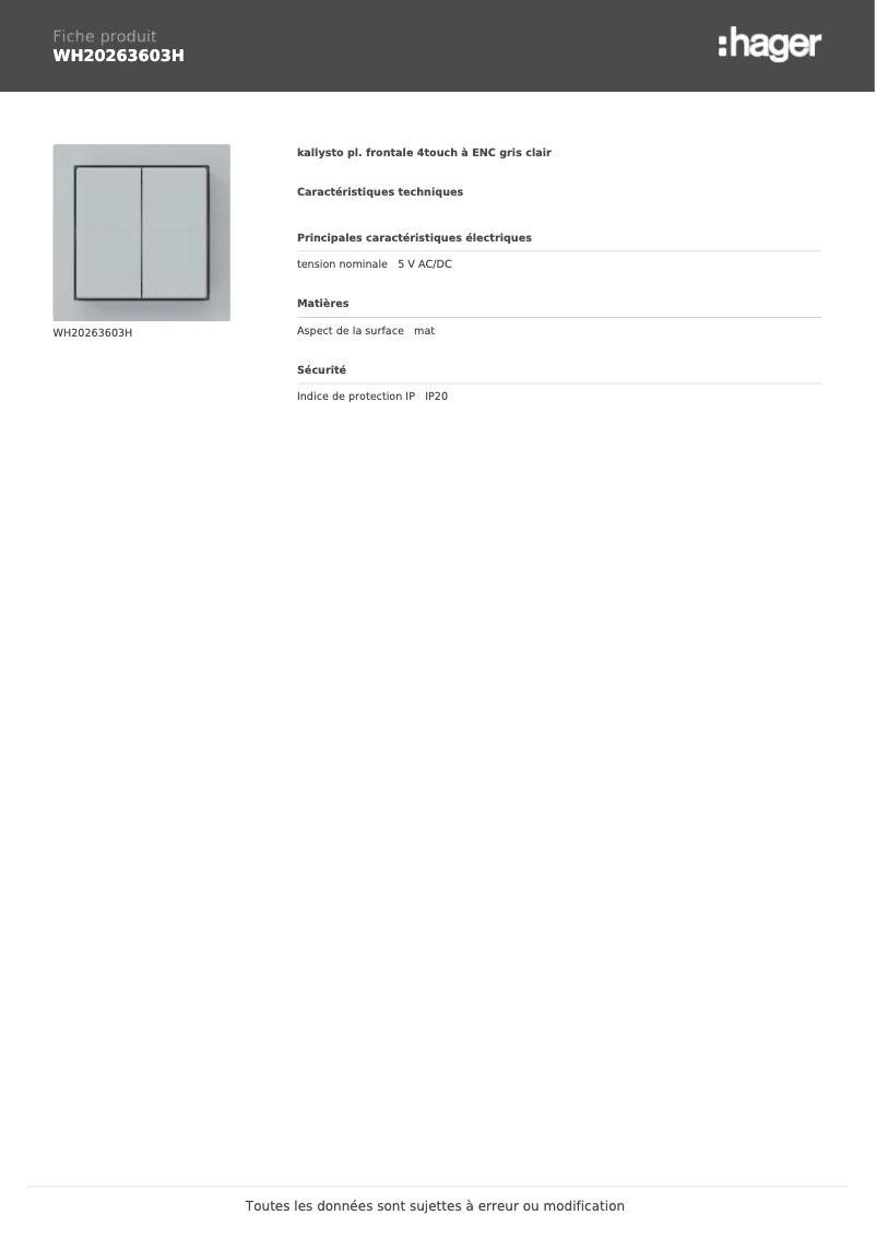 Page 1 de la notice Fiche technique Hager WH20263603H