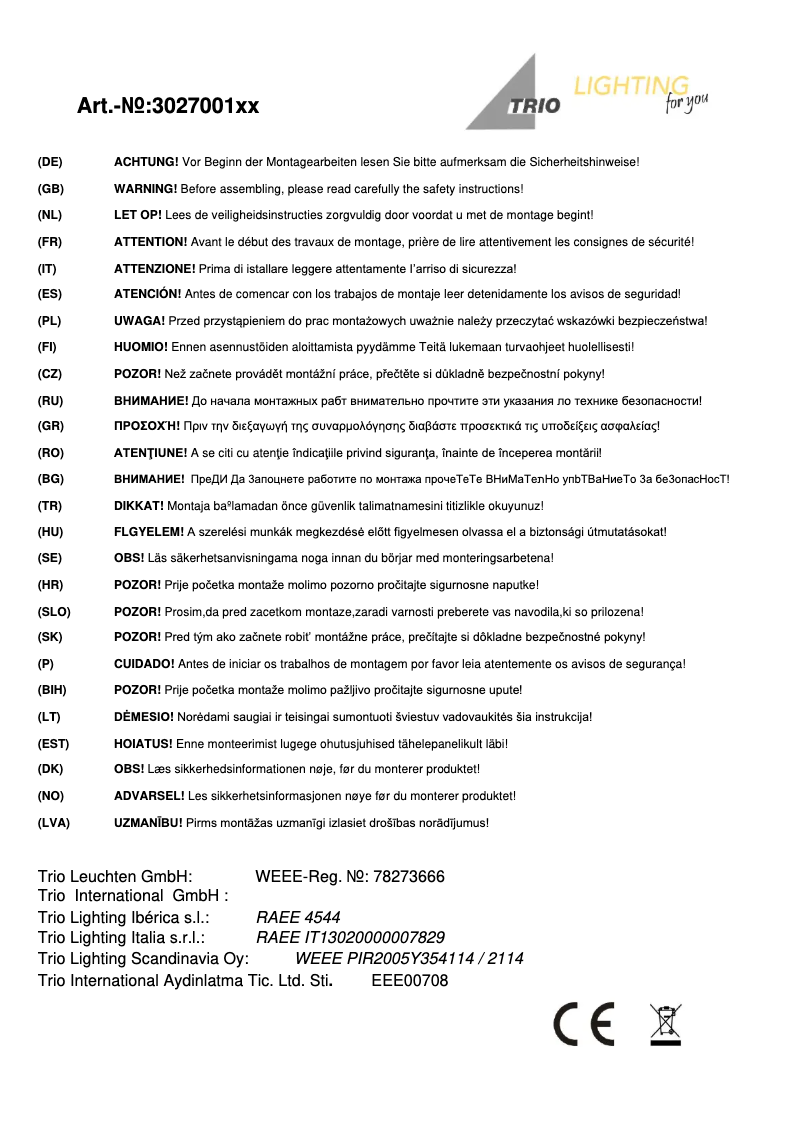 Page n°1 - Manuel utilisateur Trio Lighting Astrid 302700102