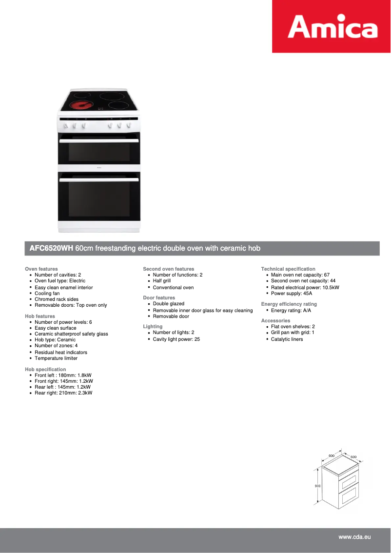 Page 1 de la notice Fiche technique Amica AFC6520WH