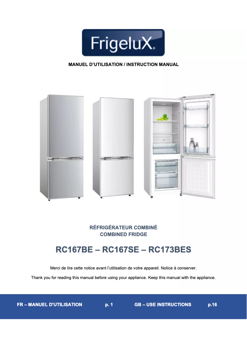 Page n°1 - Manuel utilisateur FrigeluX RC167BE