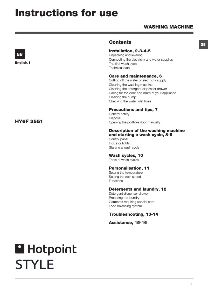 Page 1 de la notice Manuel utilisateur Hotpoint HY6F 3551P