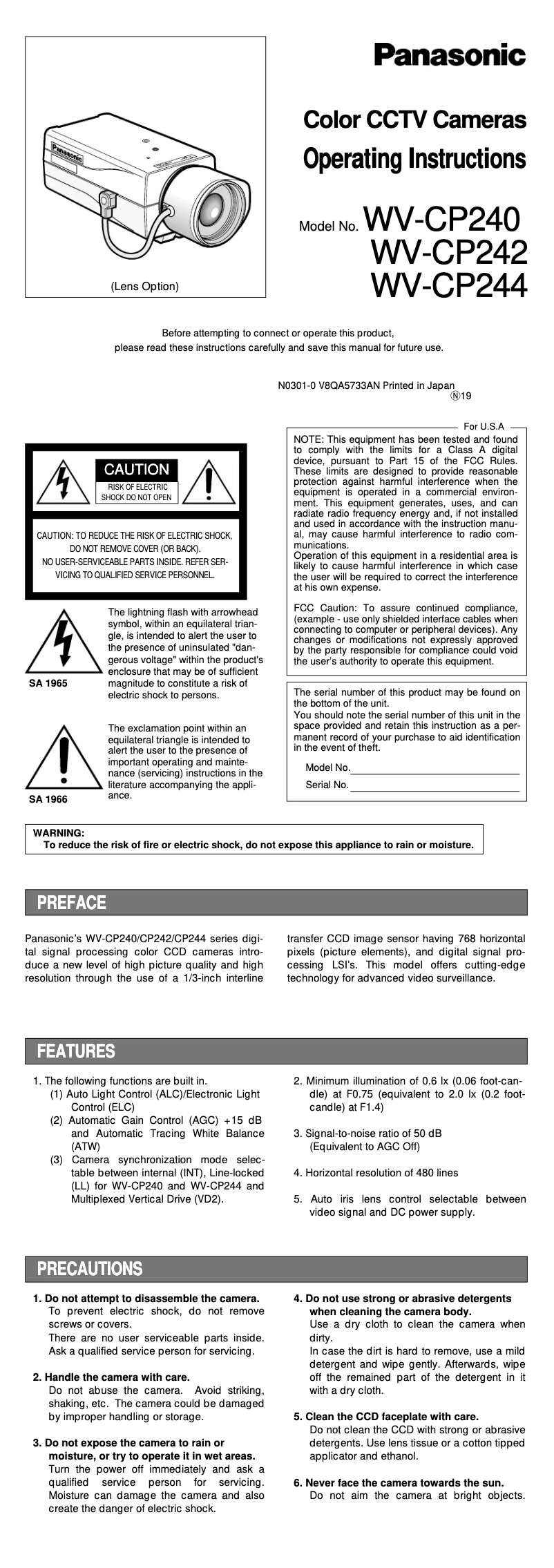 Page 1 de la notice Manuel utilisateur Panasonic WV-CP242