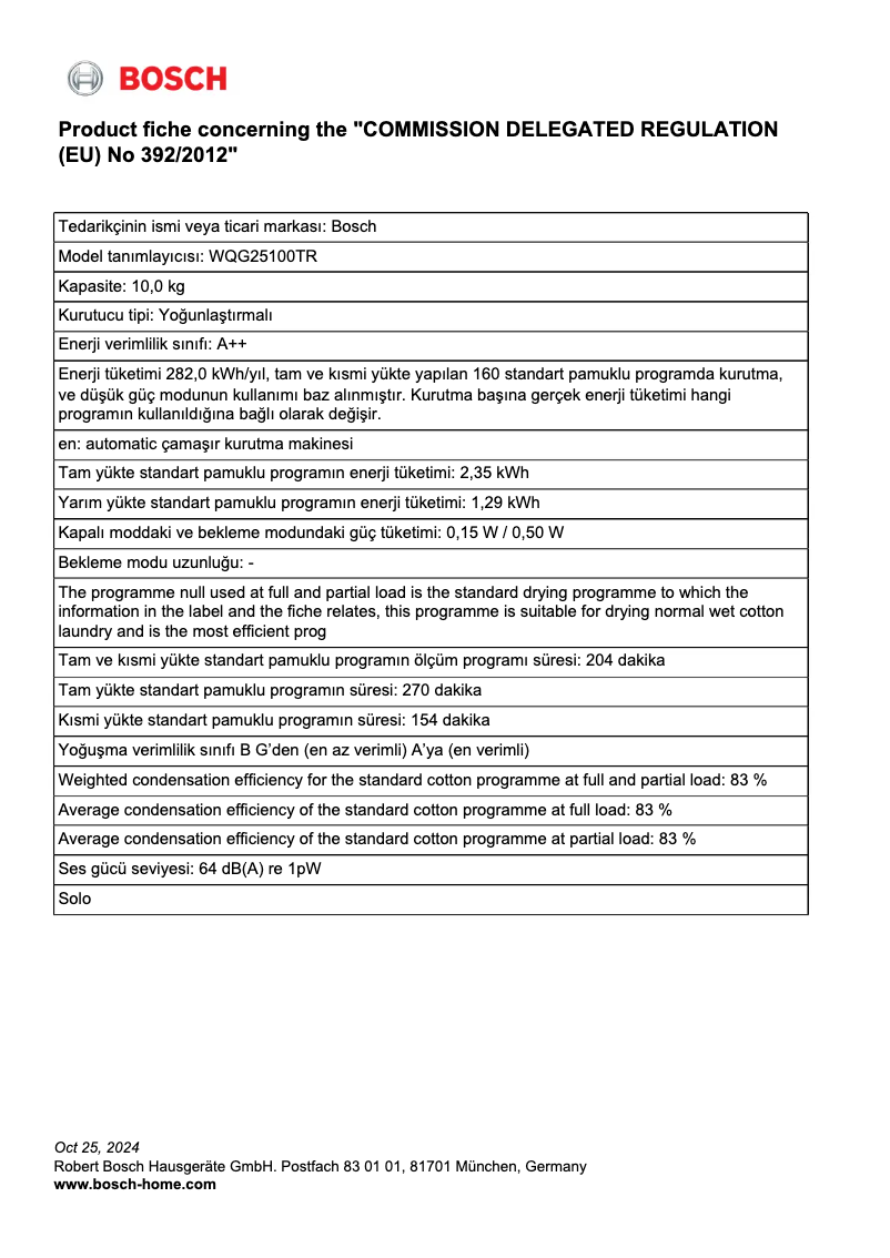 Page 1 de la notice Fiche technique Bosch WQG25100TR