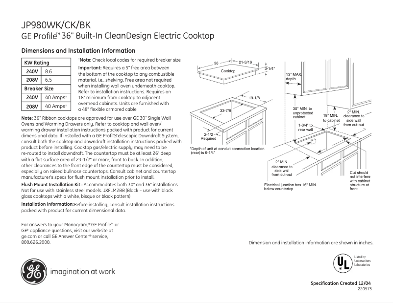 Page 1 de la notice Fiche technique GE JP980WKWW