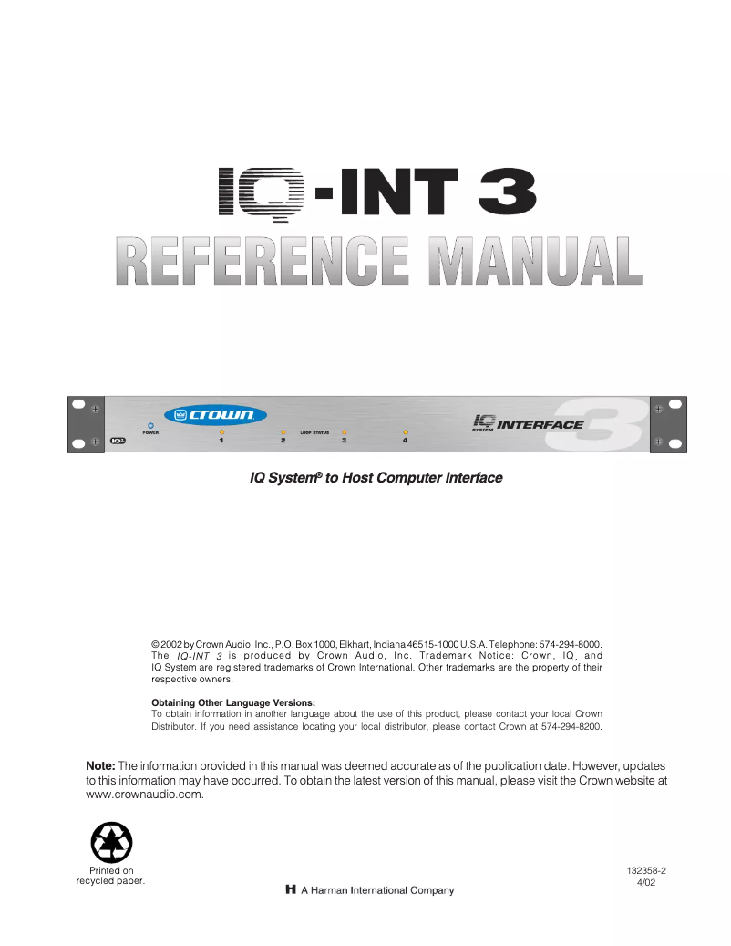 Page n°1 - Manuel utilisateur Crown IQ-INT3