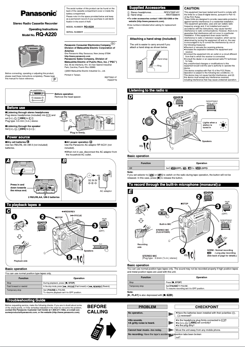 Page n°1 - Manuel utilisateur Panasonic RQ-A220P