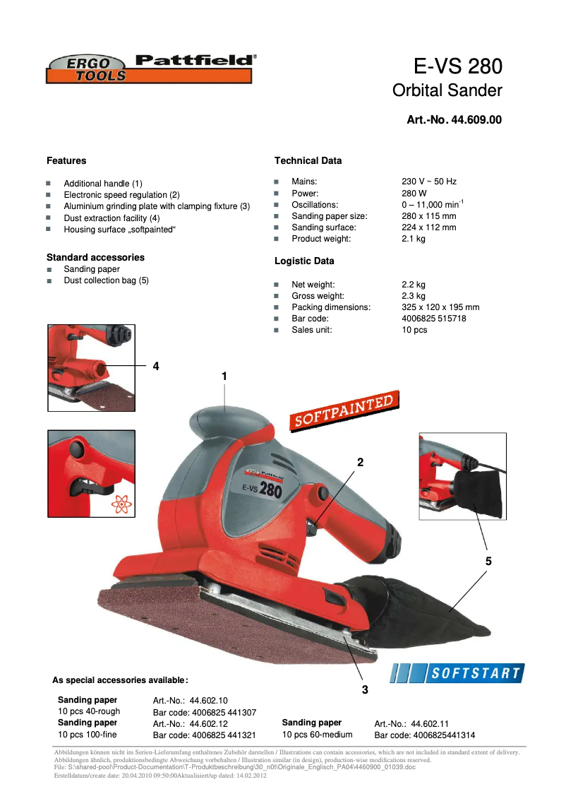 Page 1 de la notice Manuel utilisateur Ergotools Pattfield E-VS 280