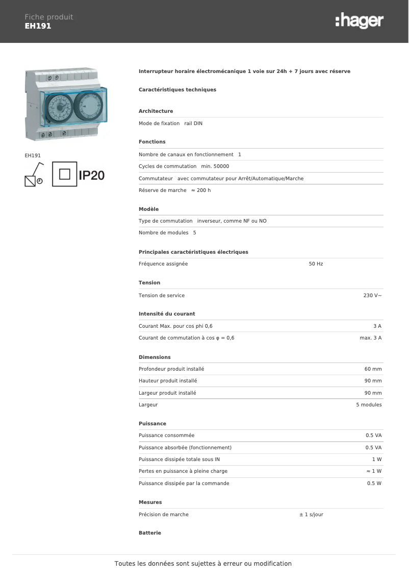 Page n°1 - Fiche technique Hager EH191