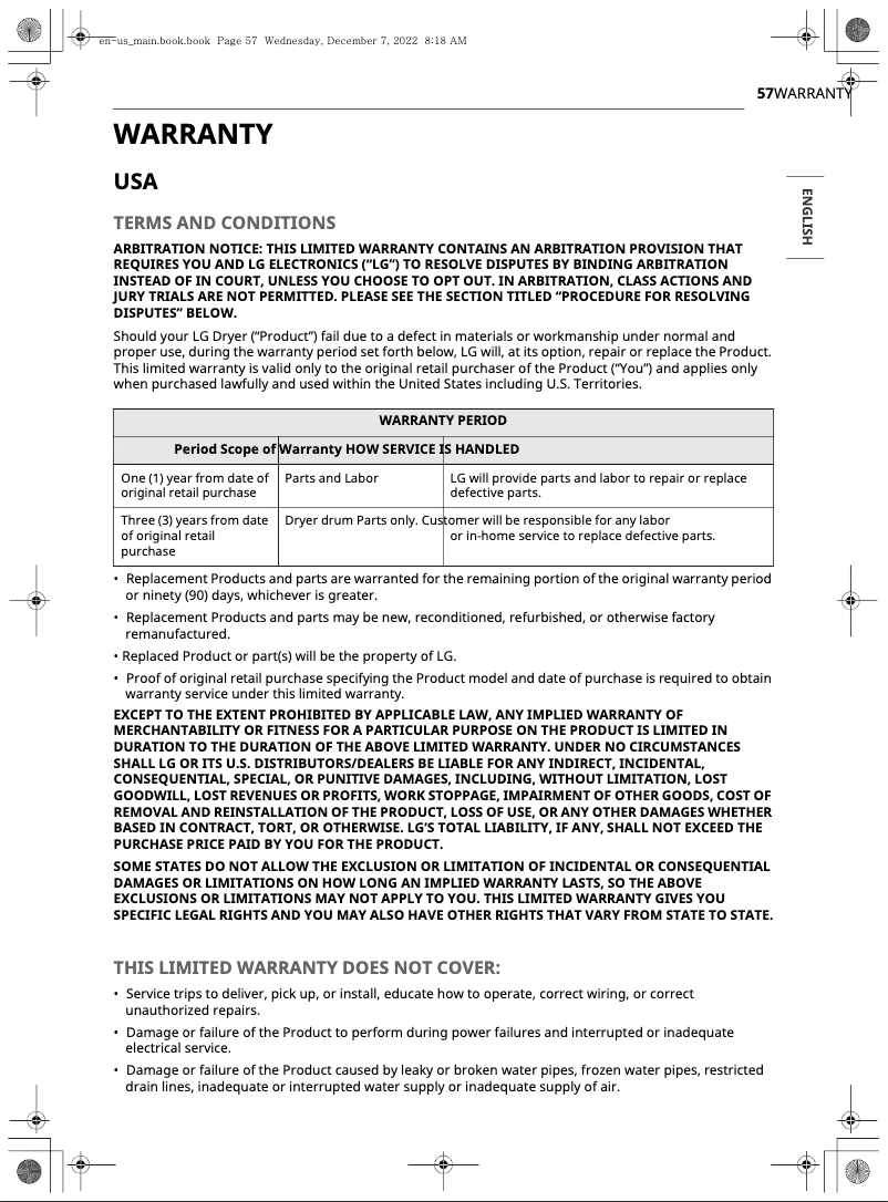 Página 1 del manual Información de garantía LG DLEX6500W