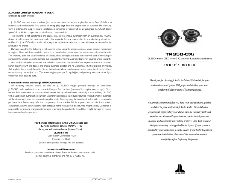 Page 1 de la notice Manuel utilisateur JL Audio Evolution TR350-CXi