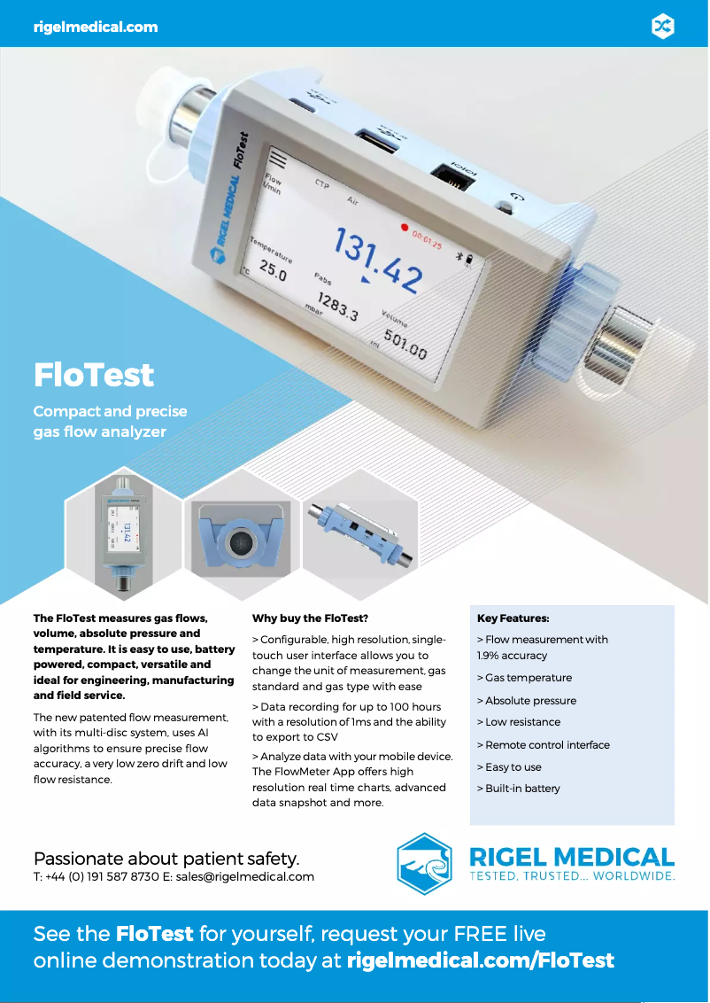 Page 1 de la notice Fiche technique Rigel Medical FloTest