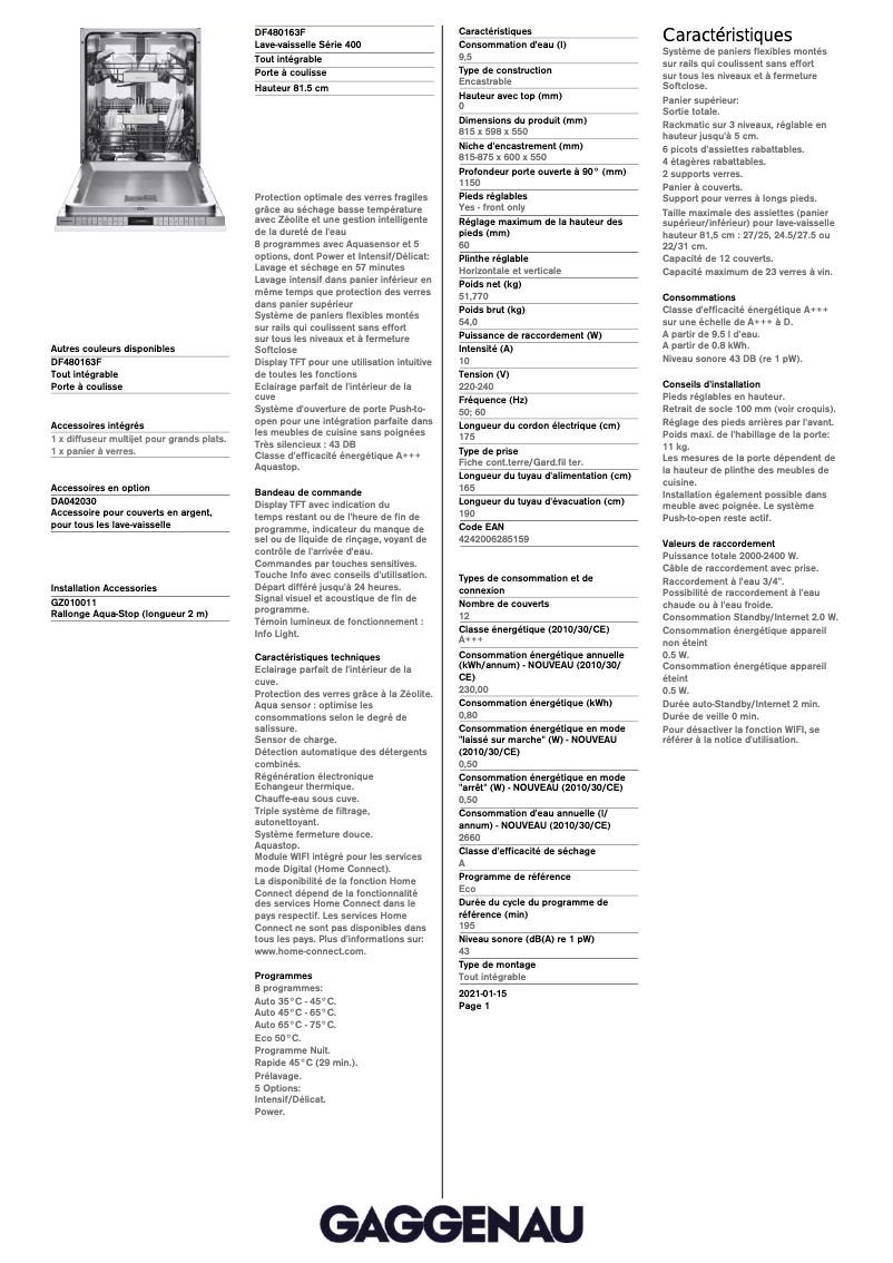 Page n°1 - Fiche technique Gaggenau DF480163F