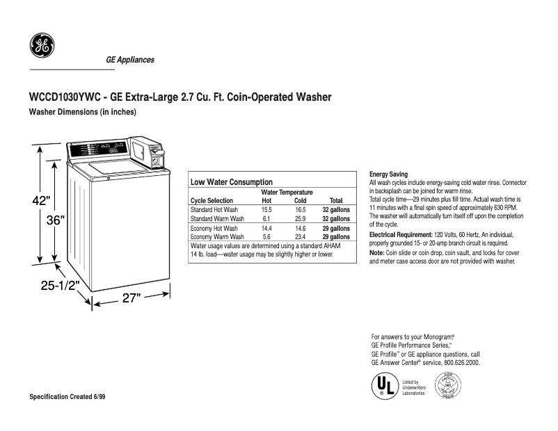 Page 1 de la notice Fiche technique GE WCCD1030YWC