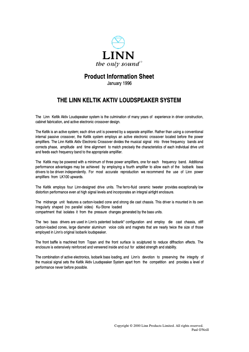 Page 1 de la notice Manuel utilisateur Linn Keltik