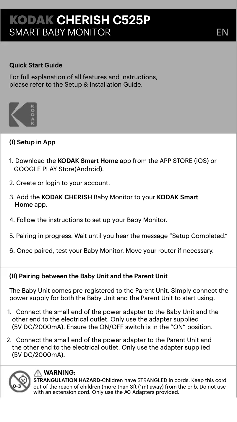 Page 1 de la notice Guide de démarrage rapide Kodak Cherish C525P