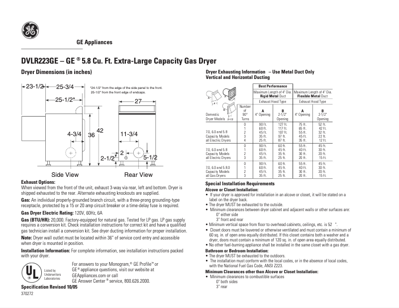 Page 1 de la notice Fiche technique GE DVLR223WW