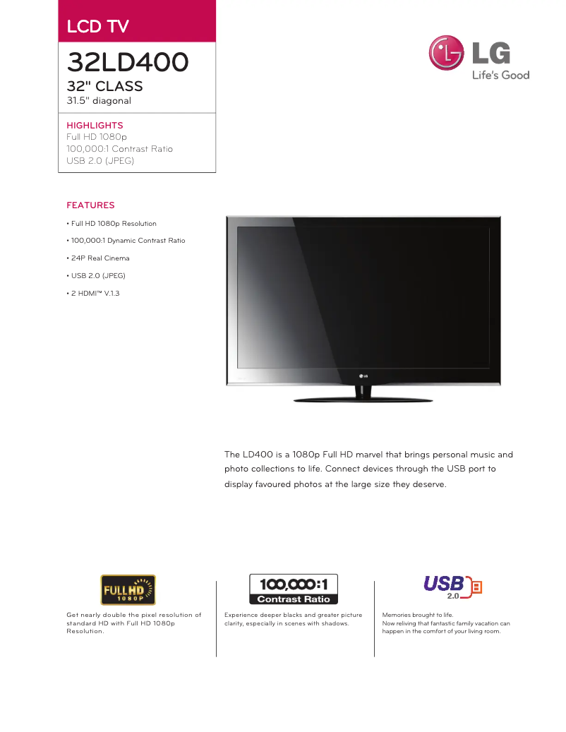 Page n°1 - Fiche technique LG 32LD400