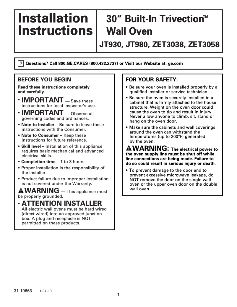 Page n°1 - Guide d'installation GE ZET3038BHBB