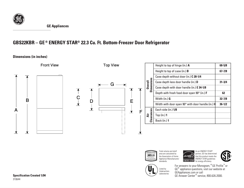 Page 1 de la notice Fiche technique GE GBS22KBRBB