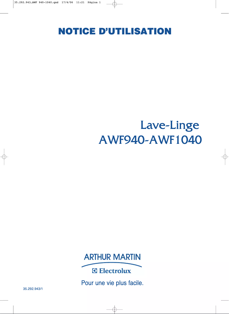 Page 1 de la notice Manuel utilisateur Arthur Martin-Electrolux AWF 1040