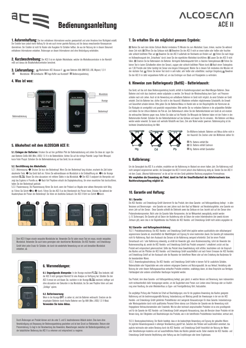 Page n°1 - Manuel utilisateur Alcoscan ACE II