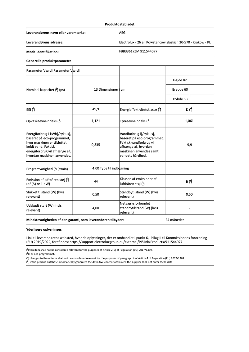 Page 1 de la notice Fiche technique AEG FBB33617ZM
