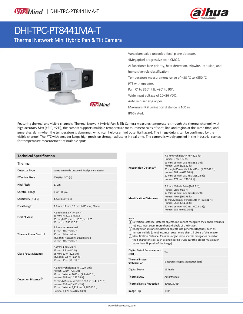 Page 1 de la notice Fiche technique Dahua Technology TPC-PT8441MA-T