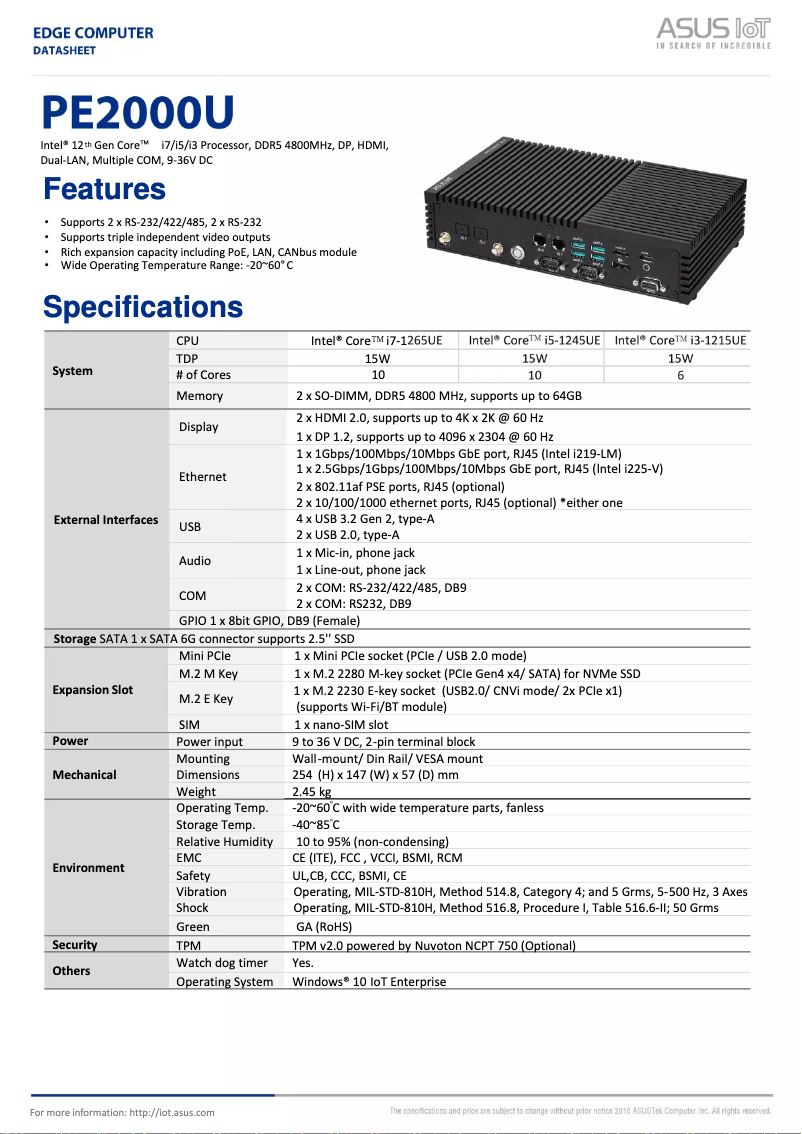 Page 1 de la notice Fiche technique Asus PE2000U