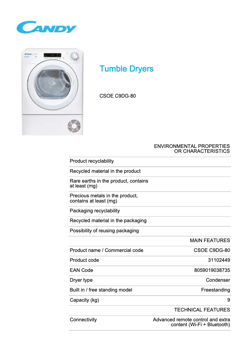 Page 1 de la notice Fiche technique Candy CSOE C9DG-80