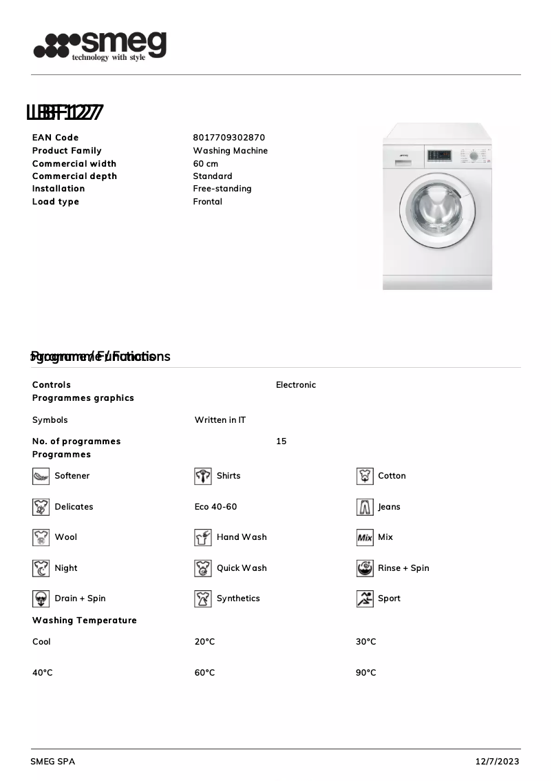Page n°1 - Fiche technique Smeg LBF127