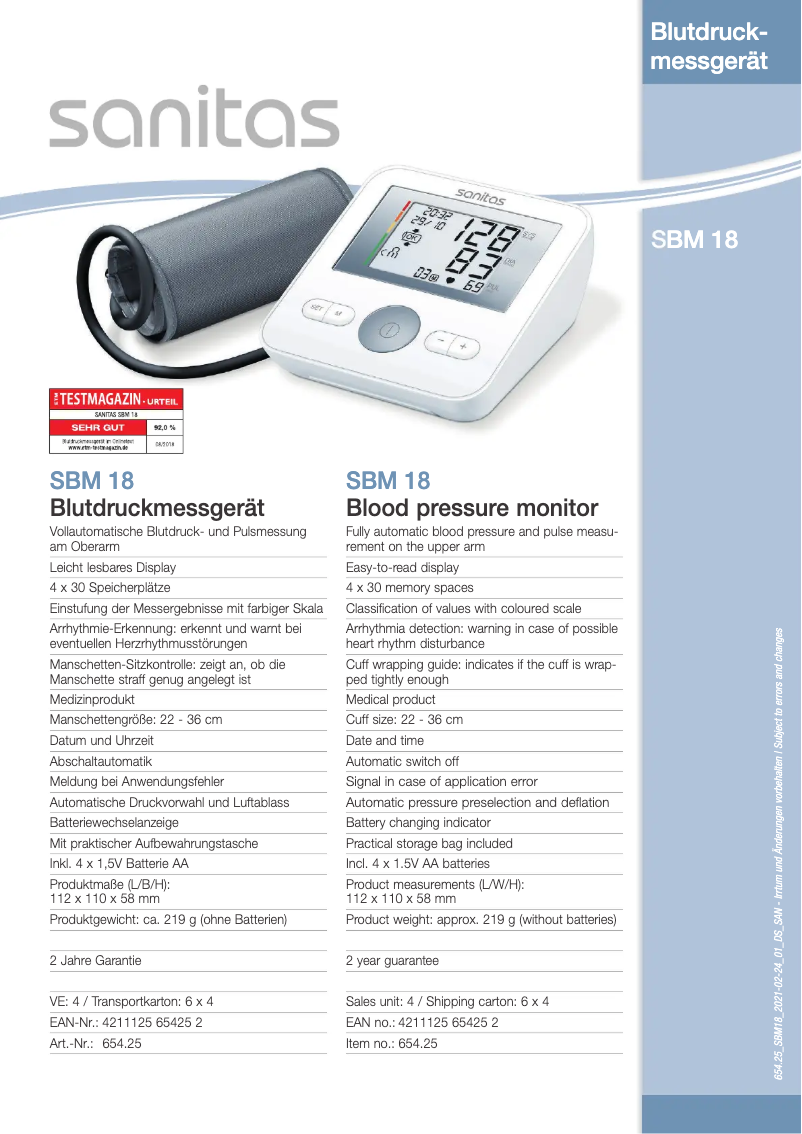 Page 1 de la notice Fiche technique Sanitas SBM 18