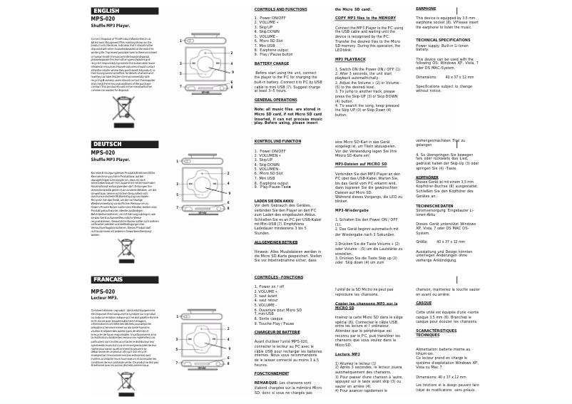 Page 1 de la notice Manuel utilisateur Roadstar MPS-020/PR