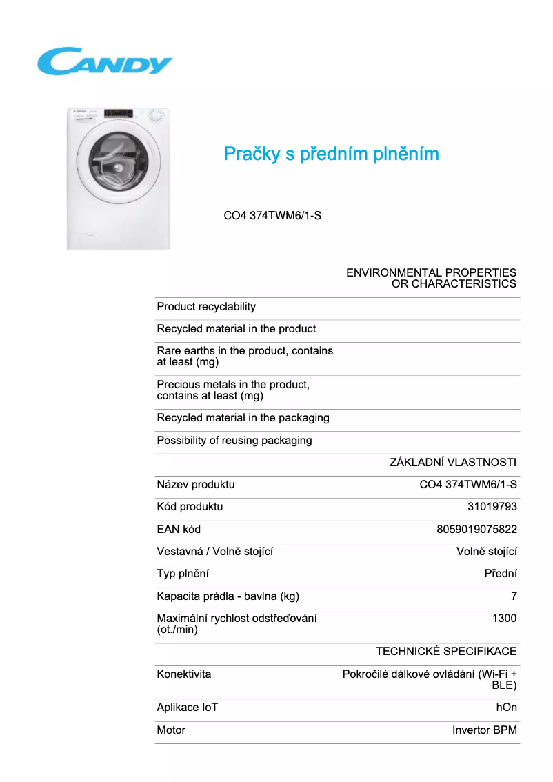 Page 1 de la notice Fiche technique Candy CO4 374TWM6/1-S
