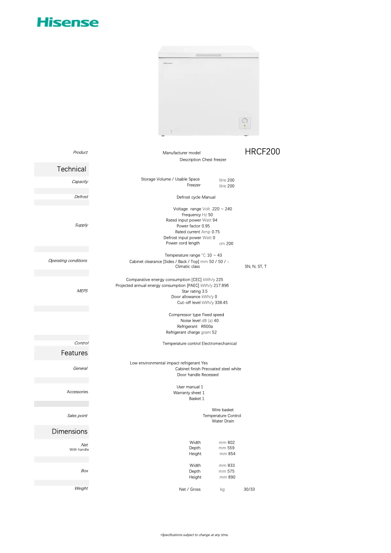 Page 1 de la notice Fiche technique Hisense HRCF200