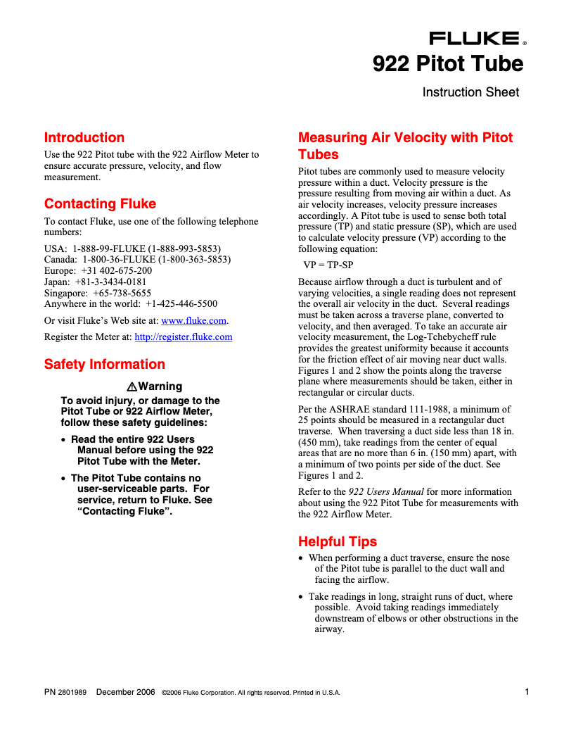 Page n°1 - Instructions / montage Fluke 922