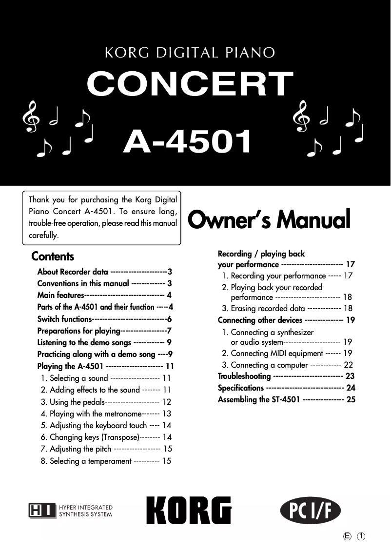 Page n°1 - Manuel utilisateur Korg A4501