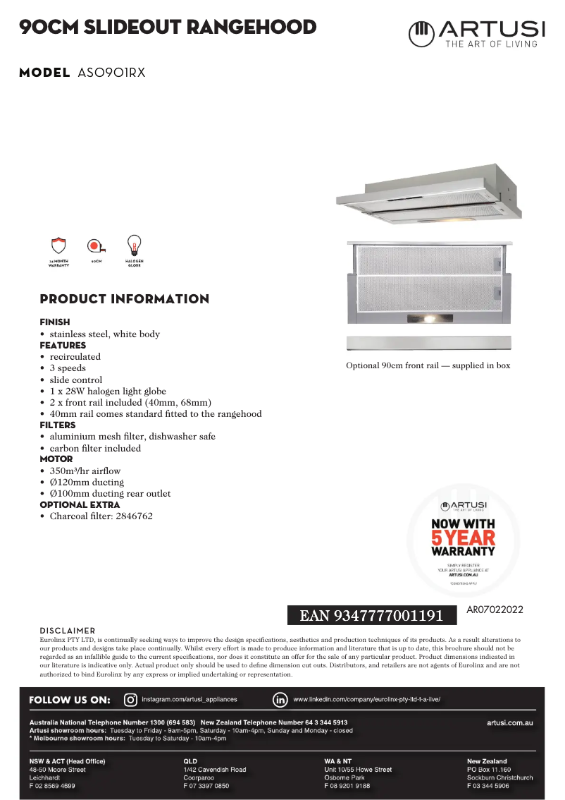 Page 1 de la notice Fiche technique Artusi ASO901RX