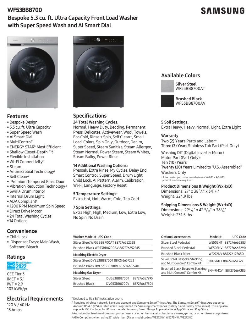 Image de la première page du manuel de l'appareil WF53BB8700AV