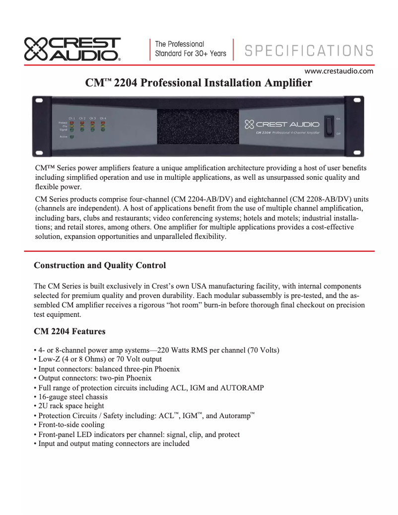 Page 1 de la notice Fiche technique Crest Audio CM 2204