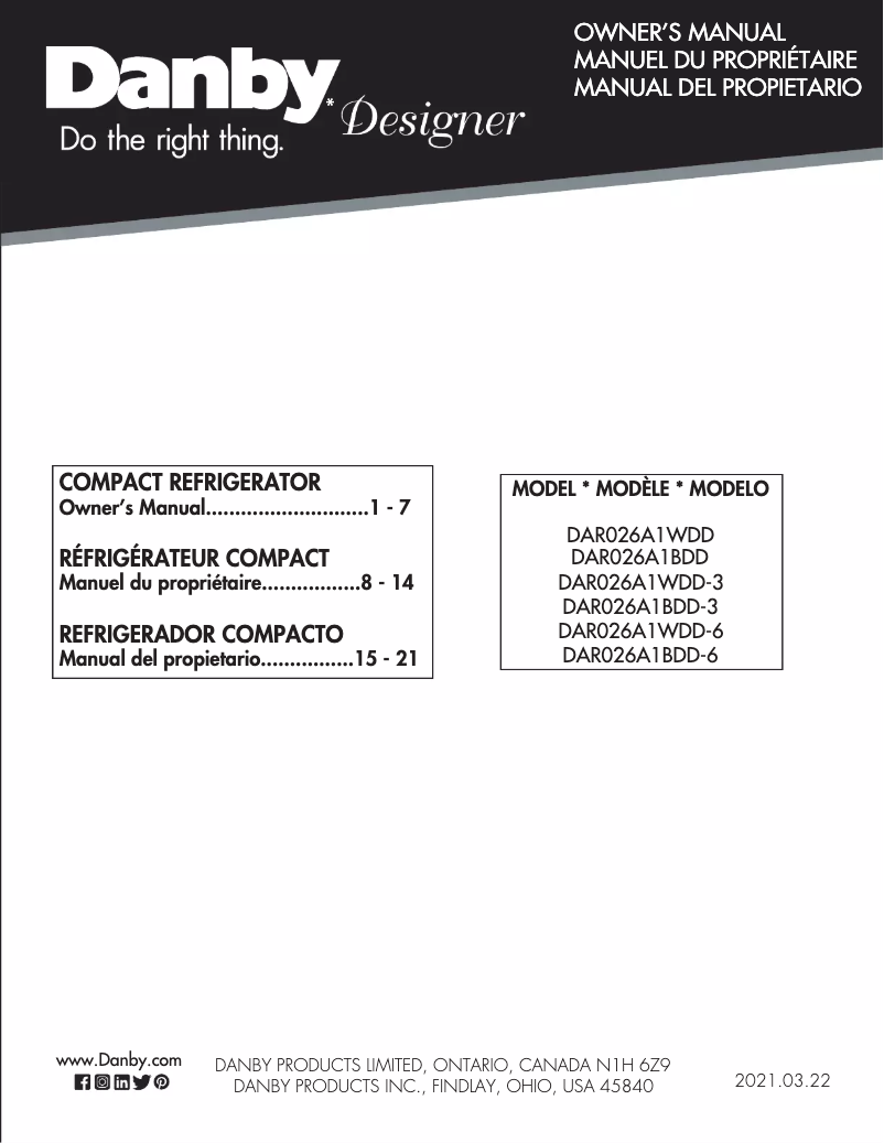 Page 1 de la notice Manuel utilisateur Danby DAR026A1BDD-6