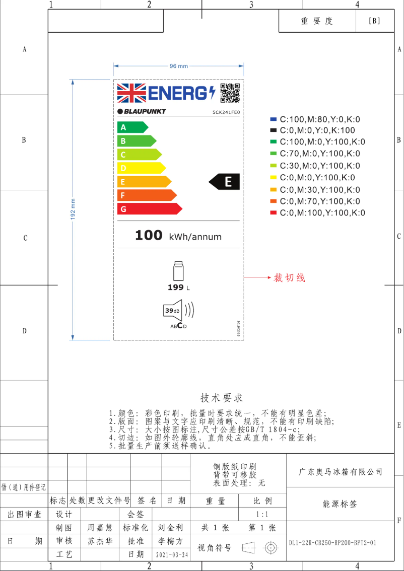 Page n°1 - Label énergétique Blaupunkt 5CK241FE0