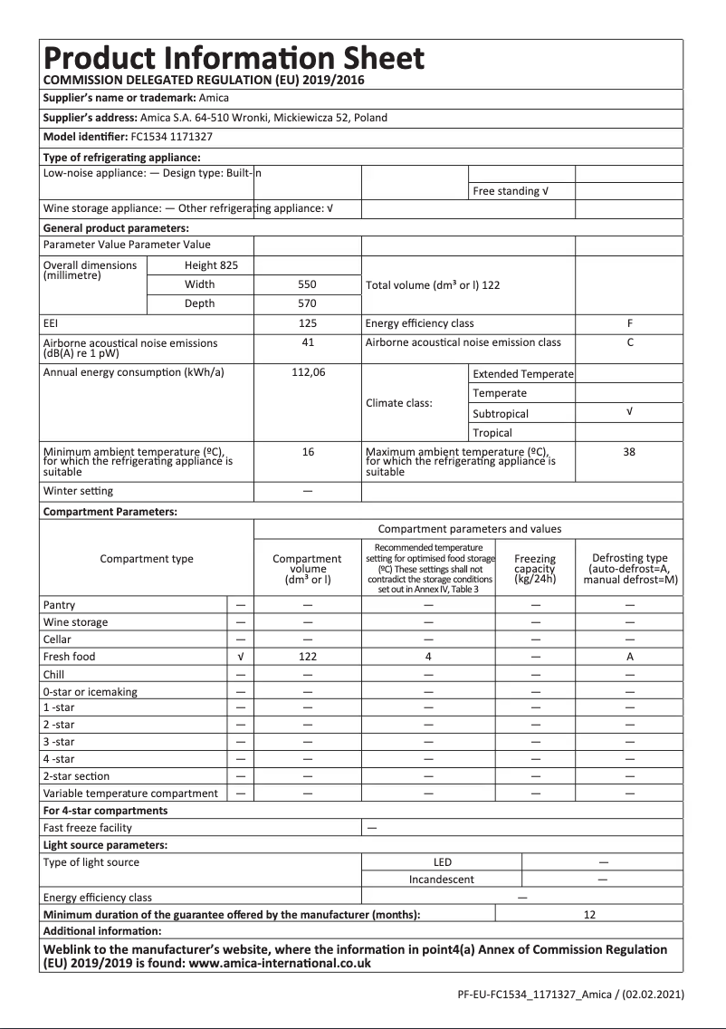Page n°1 - Fiche technique Amica FC1534
