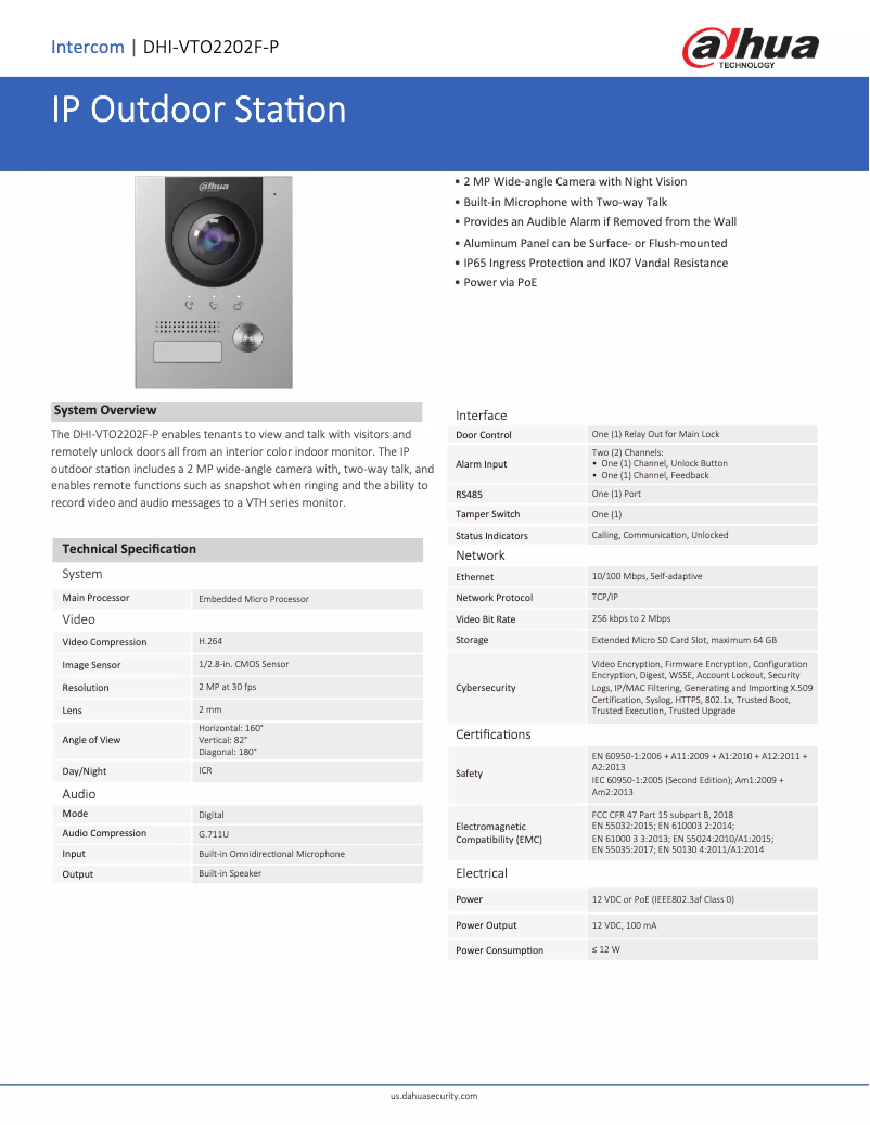 Image de la première page du manuel de l'appareil DHI-VTO2202F-P