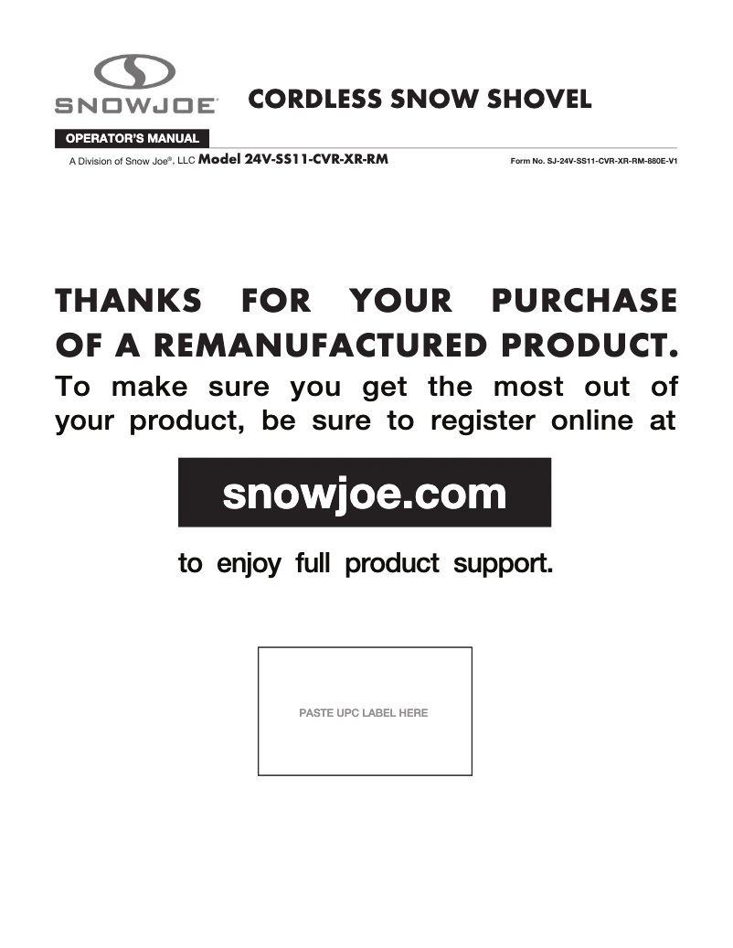 Page 1 de la notice Manuel utilisateur Snow Joe 24V-SS11-CVR-XR-RM