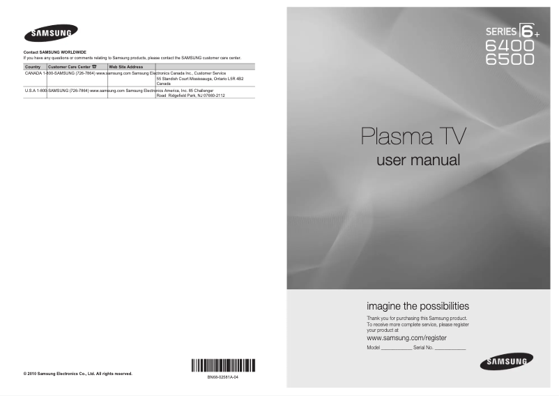 Page 1 de la notice Manuel utilisateur Samsung PN58C6500TF