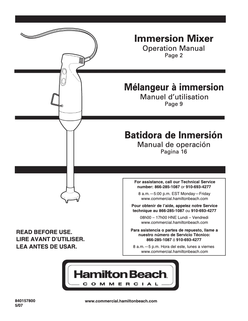 Page 1 de la notice Manuel utilisateur Hamilton Beach HMI200
