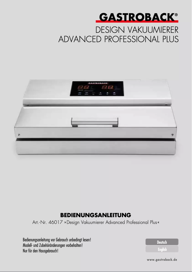 Page 1 de la notice Manuel utilisateur Gastroback Design Advanced Professional Plus 46017