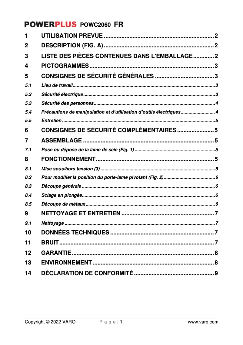 Page 1 de la notice Manuel utilisateur PowerPlus POWC2060