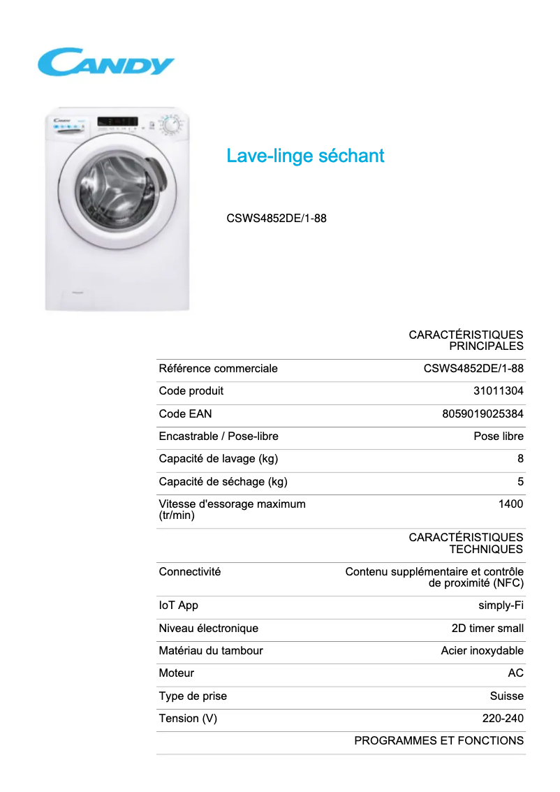 Page n°1 - Fiche technique Candy CSWS4852DE/1-88
