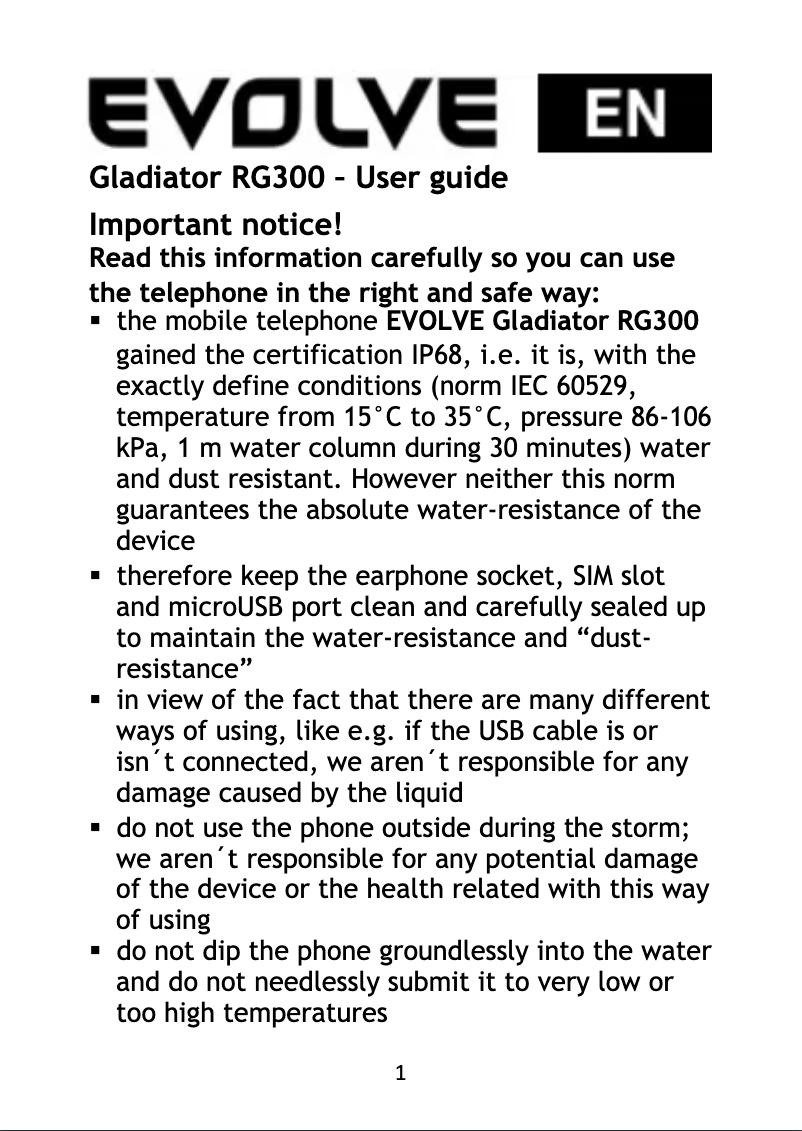 Page 1 of the manual User Manual Evolveo RG300